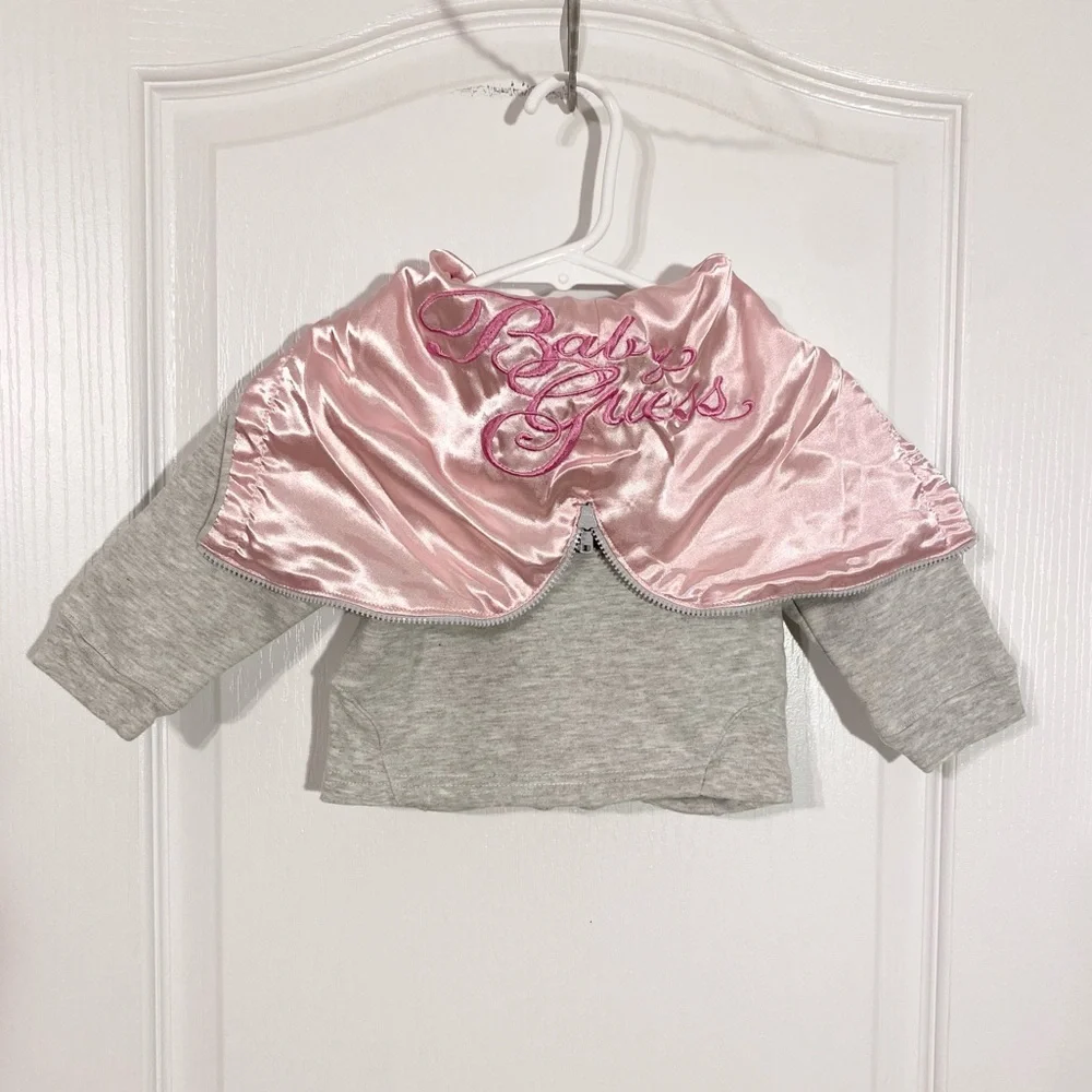 Y2K VTG Guess Embroidered Satin Zip Up Hoodie Jacket Gray Pink 12M Baby Girl